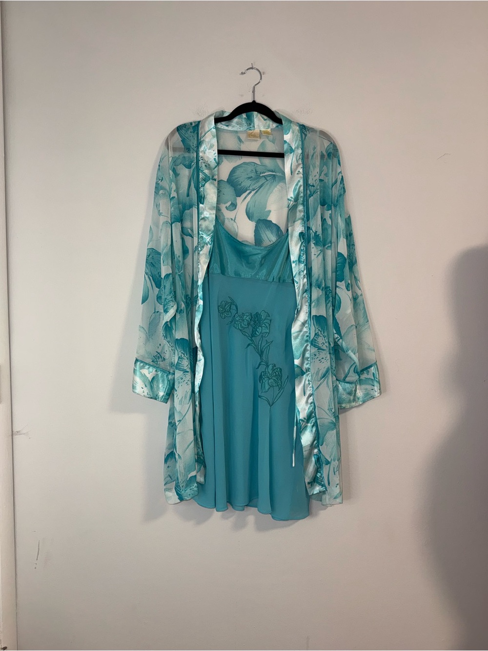 Turquoise Floral Satin Robe & Chemise Set